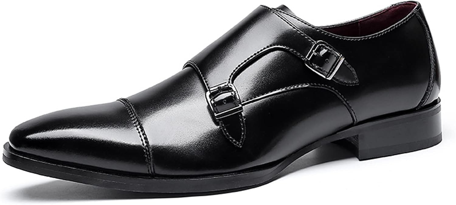 

Деловые оксфорды для мужчин, шнуровка, простой носок, двойной ремешок монаха, носок с капами, кожаные, противоскользящие, на низком каблуке, низкие бизнес туфли (Цвет: черный, Размер: 6.5) Evser