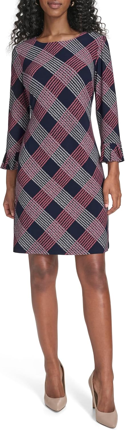 Женское трикотажное платье-трапеция Tommy Hilfiger с рукавами 3/4 и оборками, Sky Captain/Sherbet — фото 4