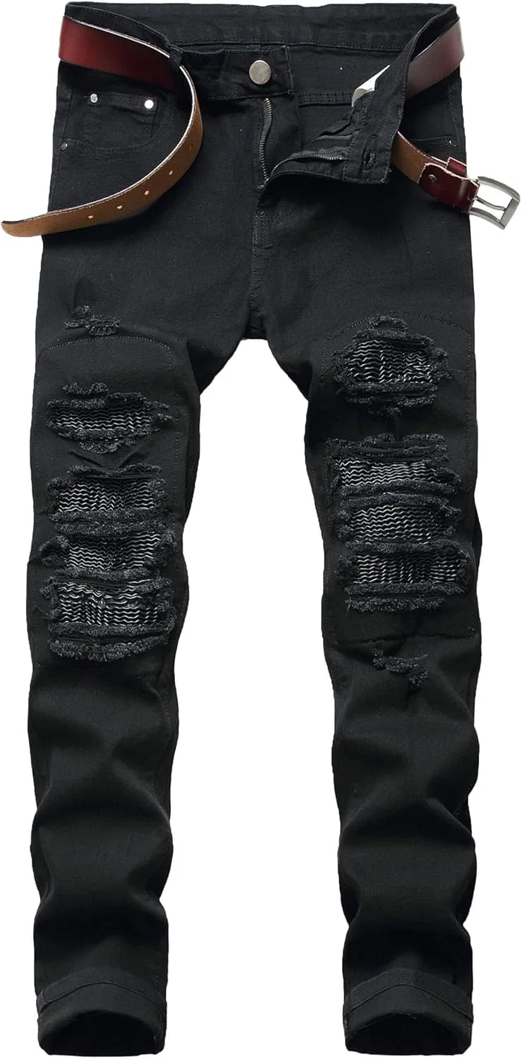 Джинсы с заплатками, рваные, Regular Fit, Stretch, Black