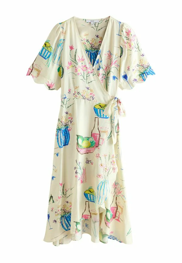 Платье-Миди дневного кроя с рукавами-фестонами и запахом. Next, Ecru White Floral Printed