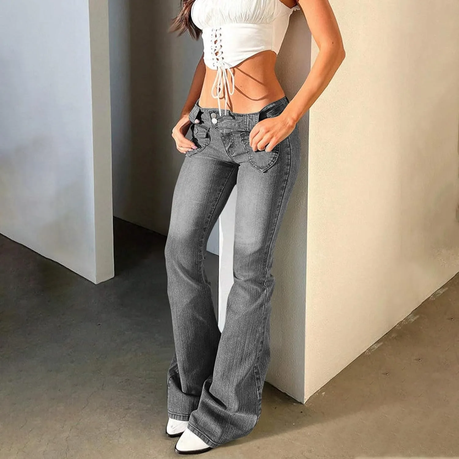 Джинсы Low Rise для женщин Y2K Vintage Boot Cut Bell Bottom, Slim Fit, с карманами — фото 3
