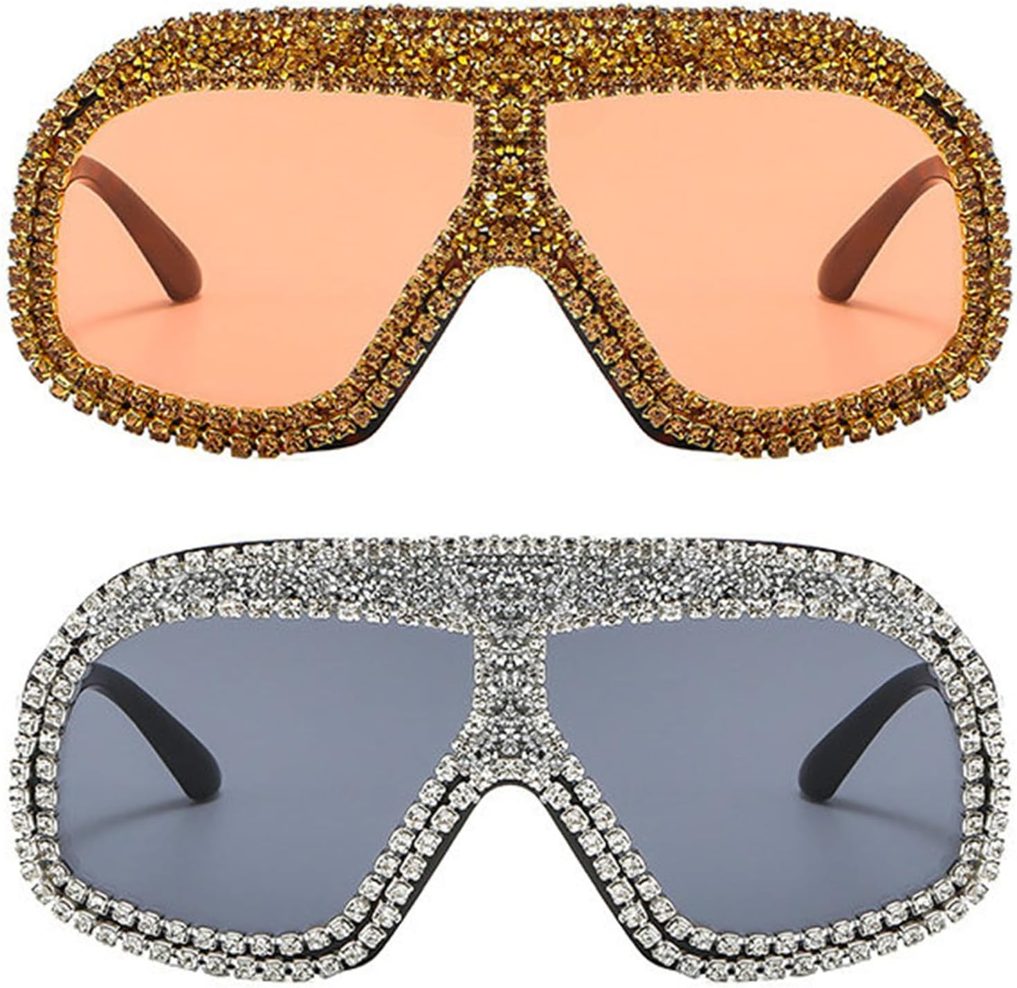 

Willochra Модные солнцезащитные очки с маской и стразами для женщин и мужчин, большие, блестящие, в стиле Y2K, с бриллиантами, плоские солнцезащитные очки-щитки, 2pcs-black&brown