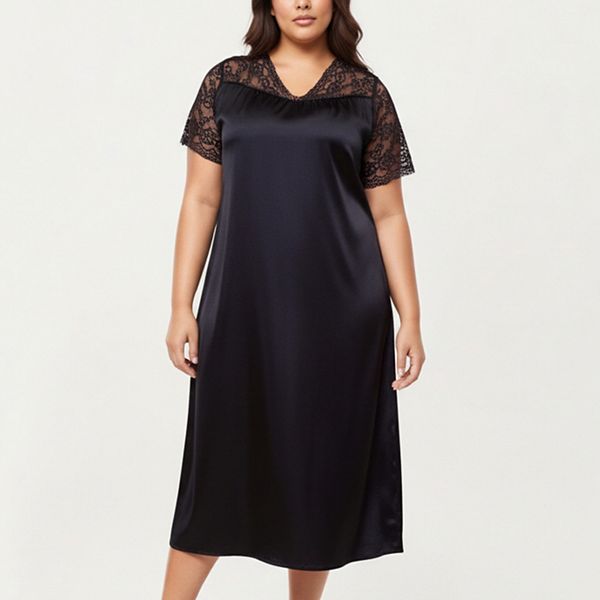 

Женская ночная сорочка plus size с кружевным v-образным вырезом, короткими рукавами и мягким струящимся силуэтом Anna-Kaci, Black