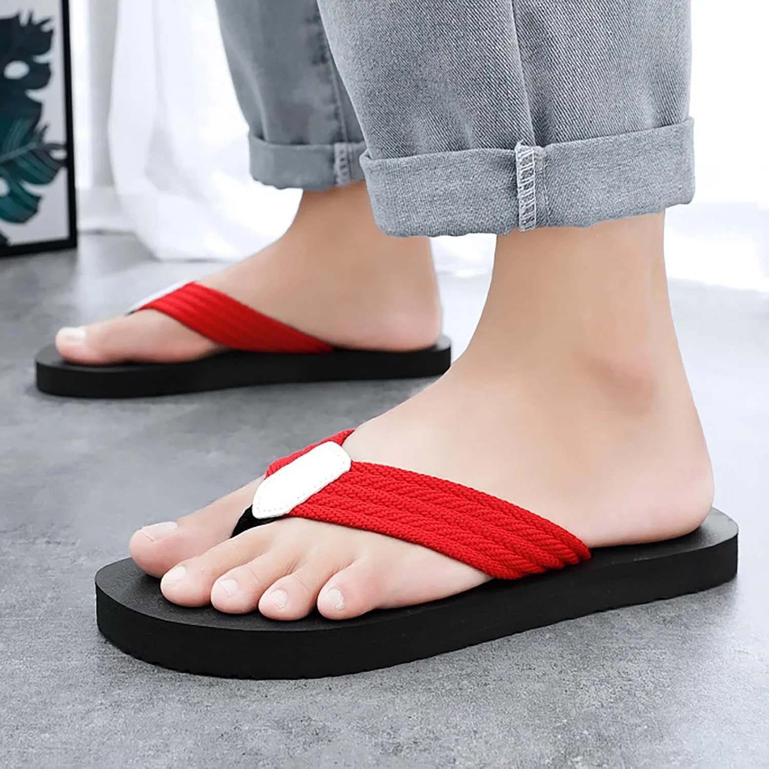 Универсальные мюли Hausschuhe Sommer Herren koreanische Hausschuhe rutschfeste gestrickte Riemen Strand Flip Flop Generisch, Rot — фото 2