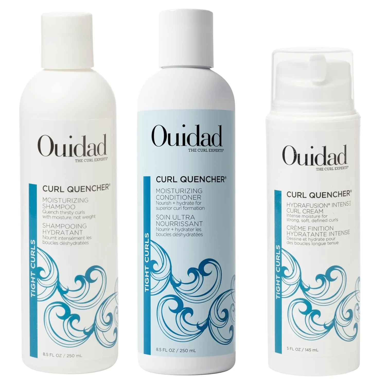 Набор Ouidad Curl Quencher: увлажняющий шампунь, кондиционер и крем для завитков, 251 мл каждый, питание, увлажнение, веган, для окрашенных волос, ромашка, витамины А и Е, контроль пушистости, для тугих локонов