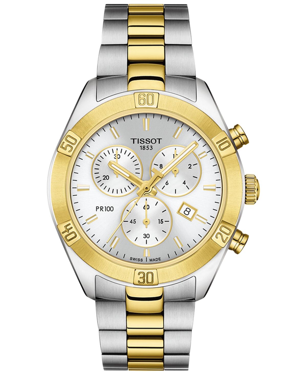 

Женские швейцарские часы с хронографом T-Classic PR 100, двухцветное PVD-браслет из нержавеющей стали, 38 мм Tissot