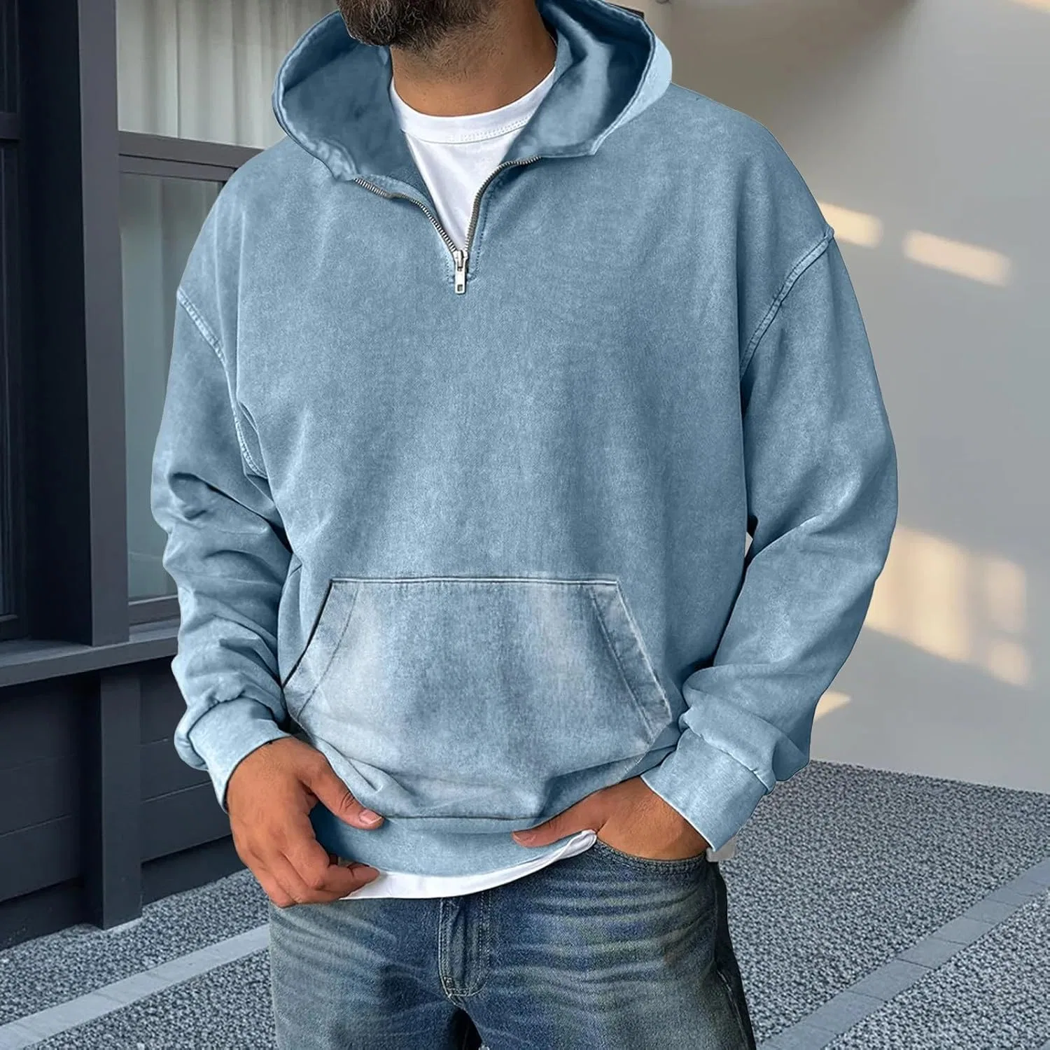 Худи мужское с капюшоном, молнией, в стиле streetwear, Generic, синий — фото 2