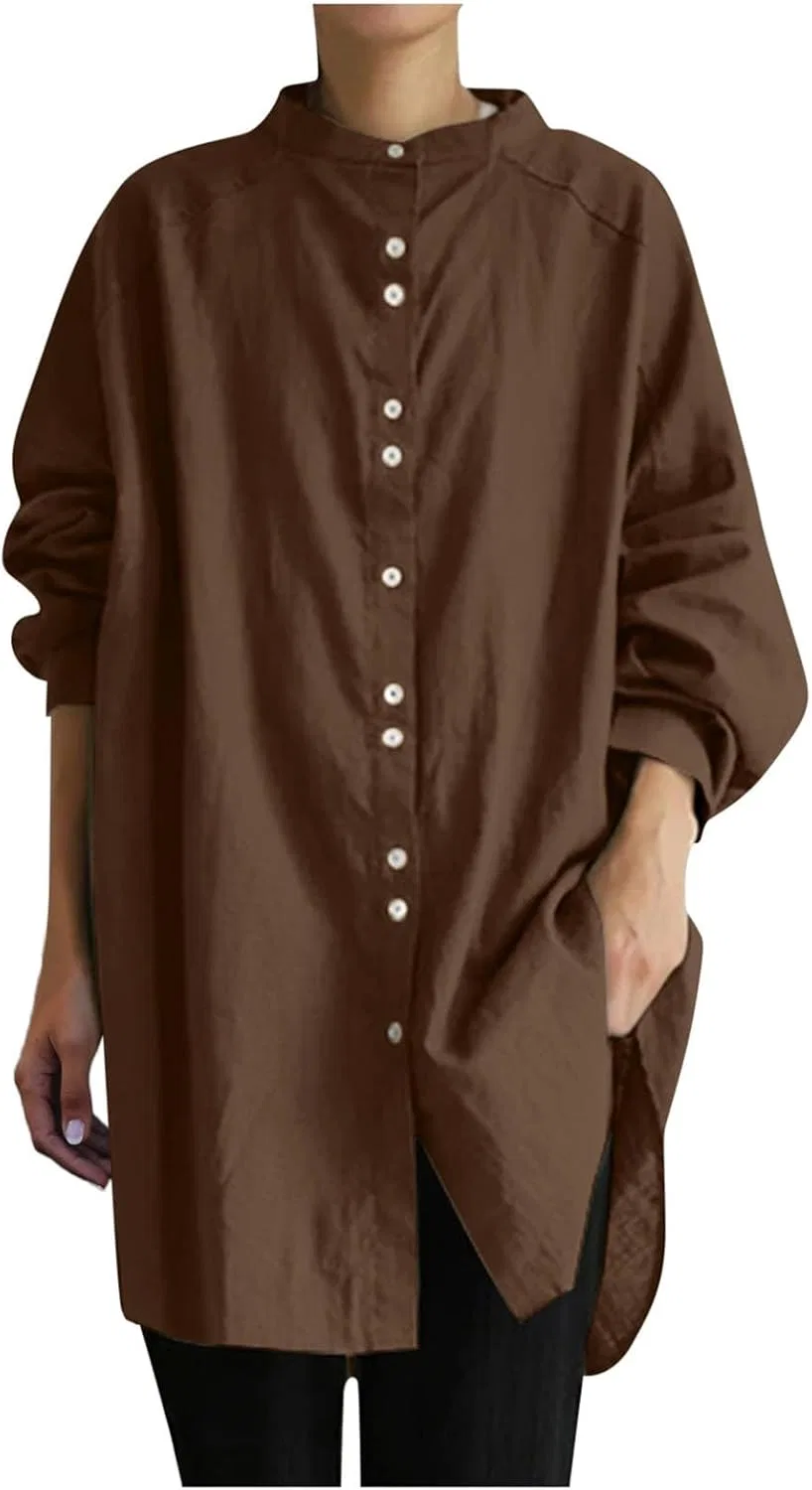 Блуза длинная, женская, Oversize, V-образный вырез, кружево, кофе — фото 2