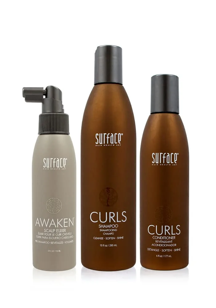 Набор Surface Hair Curly Care Trio: шампунь и кондиционер для кудрявых волос ПЛЮС эликсир для кожи головы Awaken Scalp Elxir. Поддерживает кудри, одновременно заботясь о здоровье кожи головы.