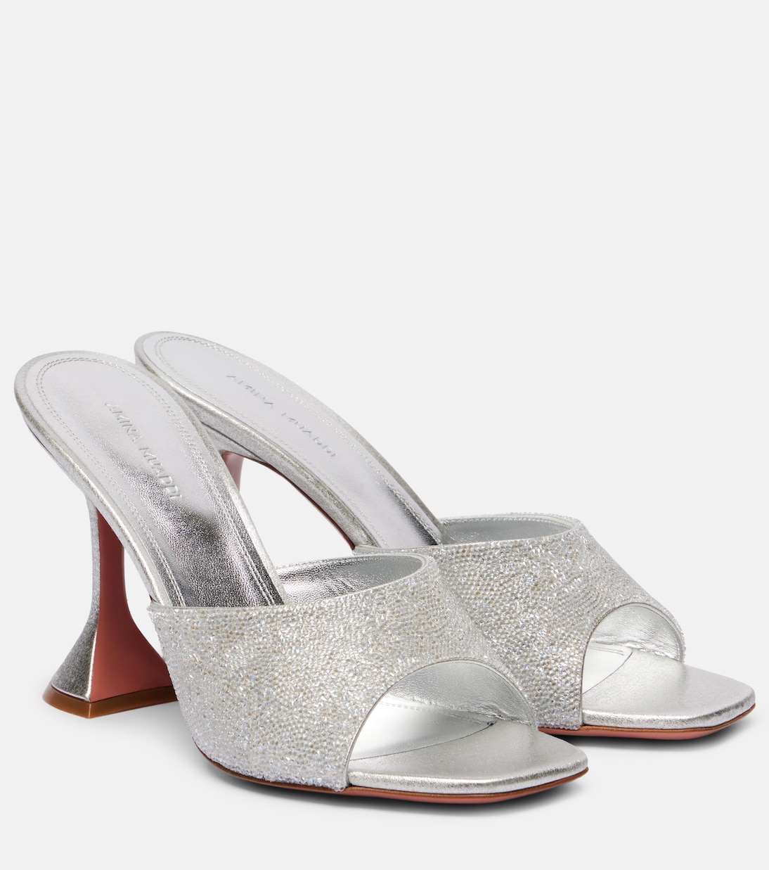 Лакированные кожаные мюли Lupita 95 с декором Amina Muaddi, Satin Silver + White Crystals