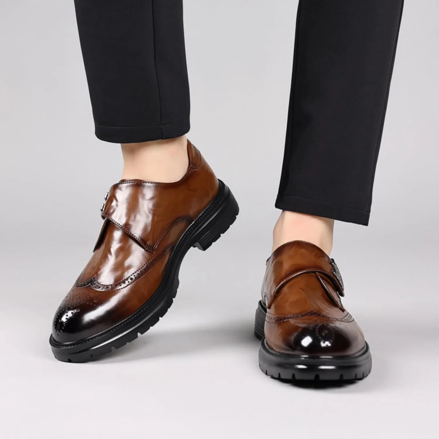 Лоферы кожаные на платформе Men's Leather Platform Slip-on Penny Loafers, коричневый Aokisx — фото 4