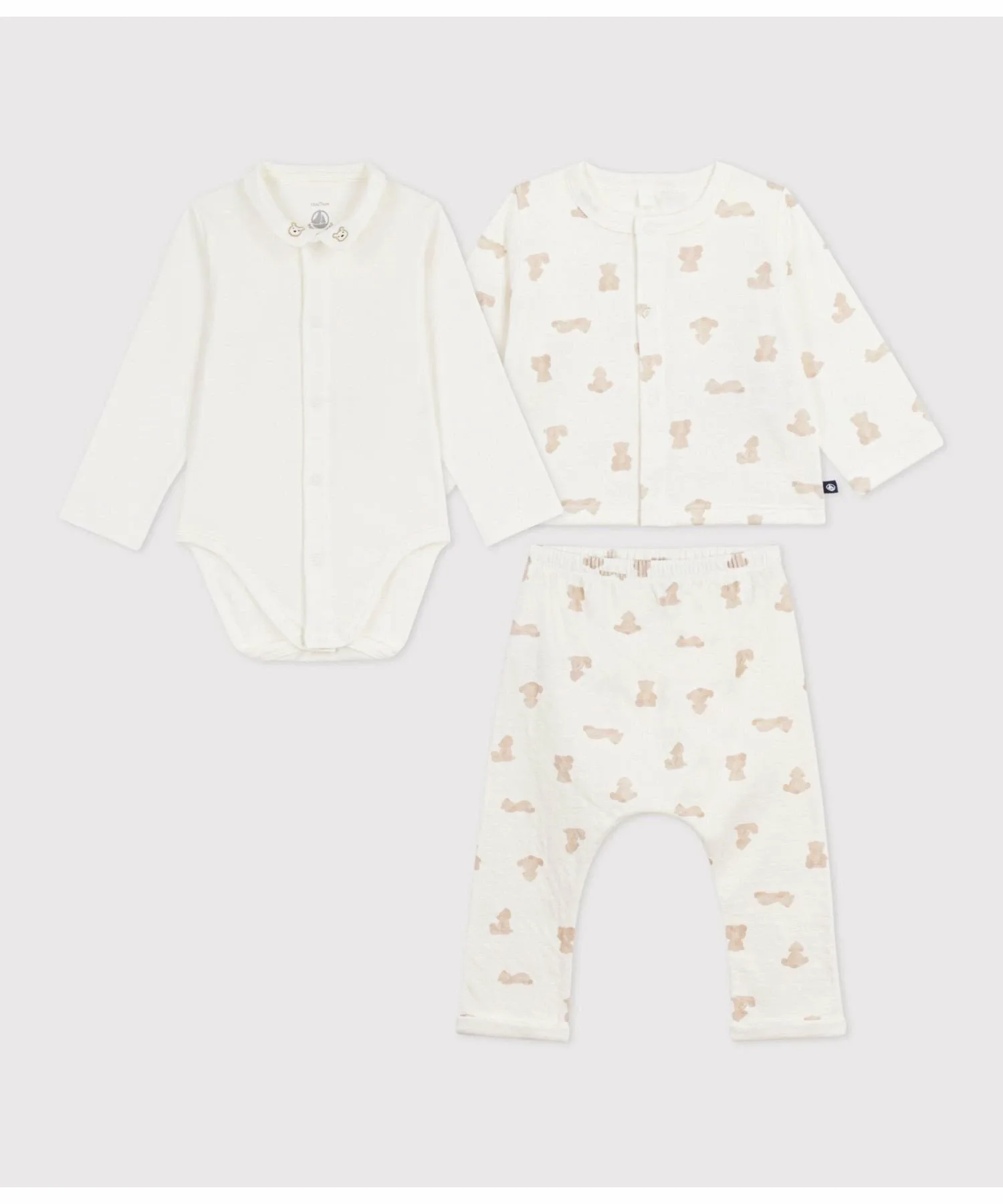 Детский комплект из 3 предметов с принтом медведя PETIT BATEAU, Off-white/white
