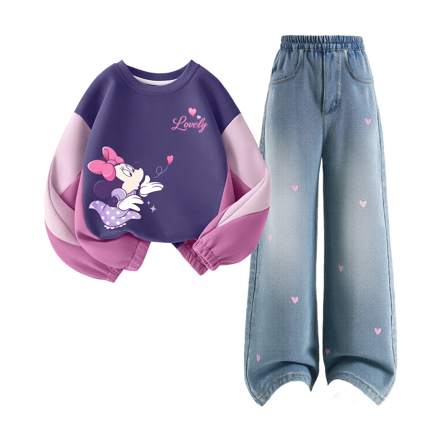Детская повседневная спортивная футболка с круглым вырезом Disney, Di Qipini K Twilight Purple+Solid Color Sea Salt Blue — фото 2
