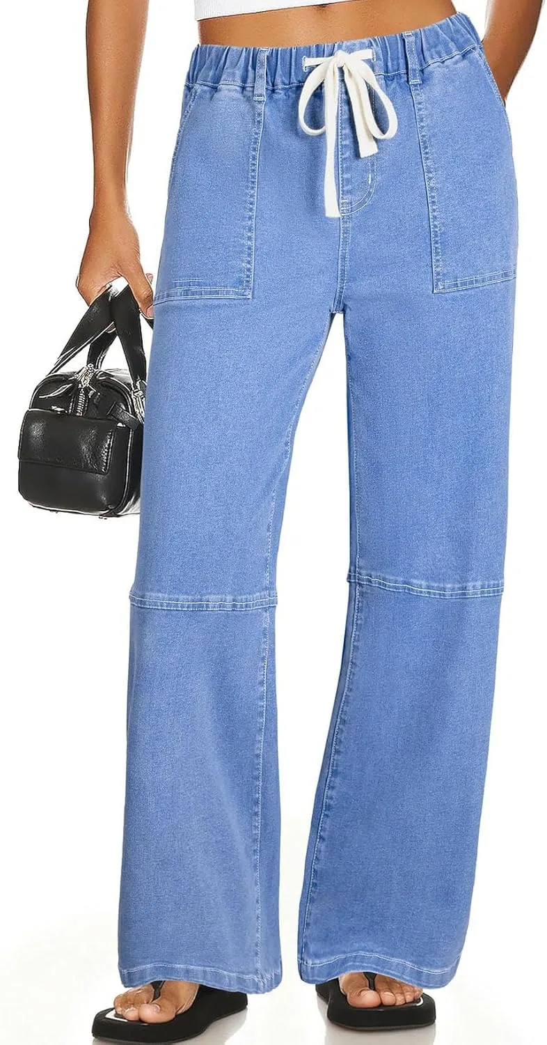 

Женские джинсы-бойфренды с высокой эластичной талией на шнурке и глубокими карманами