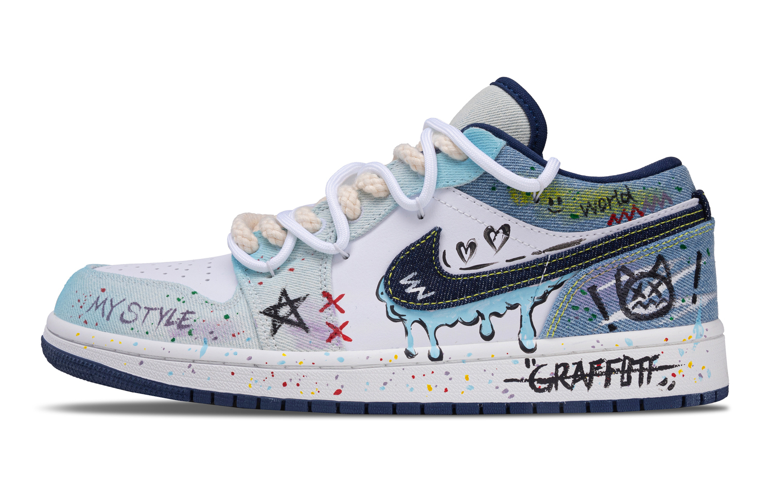 

Jordan Air 1 Graffiti стиль устойчивые к истиранию низкие кеды vintage баскетбольные мужские denim blue