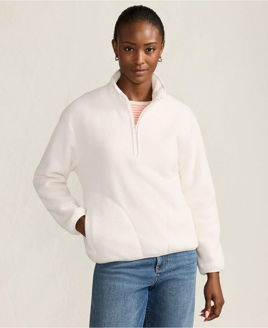 

Женский укороченный пуловер из флиса с высокой ворсистой тканью и застежкой-молнией до середины груди Lands' End, Ivory