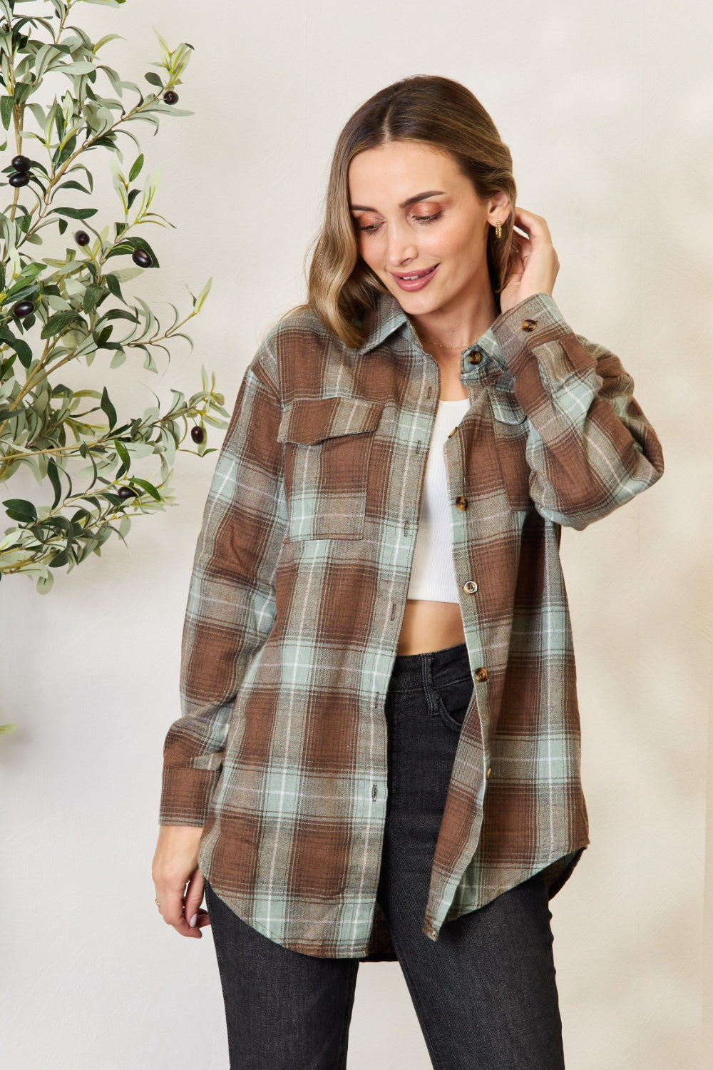 

Клетчатая рубашка с приспущенными плечами FASHNZFAB, цвет olive brown