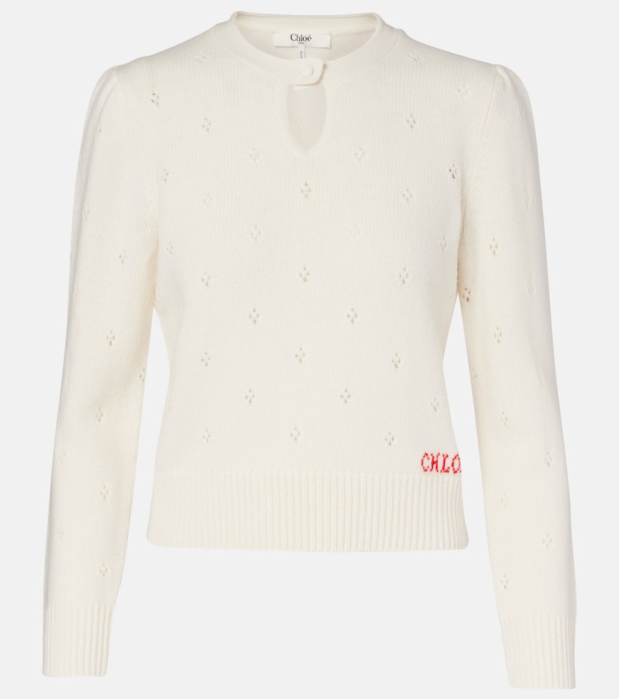Свитер из шерсти и кашемира с ажурной вязкой Chloé, Iconic Milk