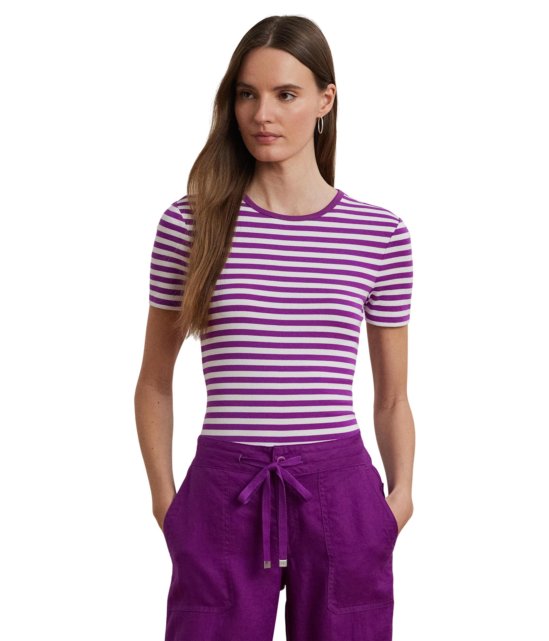 

Футболка Lauren Ralph Lauren Striped Stretch Cotton Crewneck Tee, Purple Dawn/WhiteSee Less