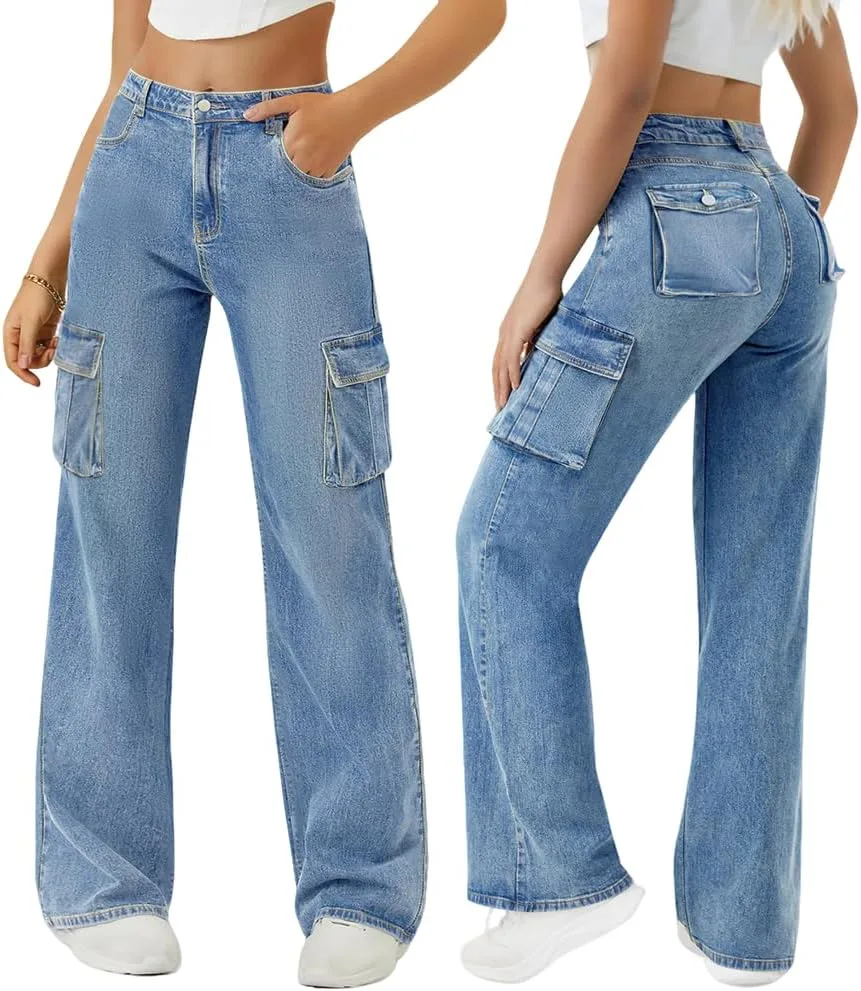 

Женские джинсы карго с высокой талией и накладными карманами QERINTE