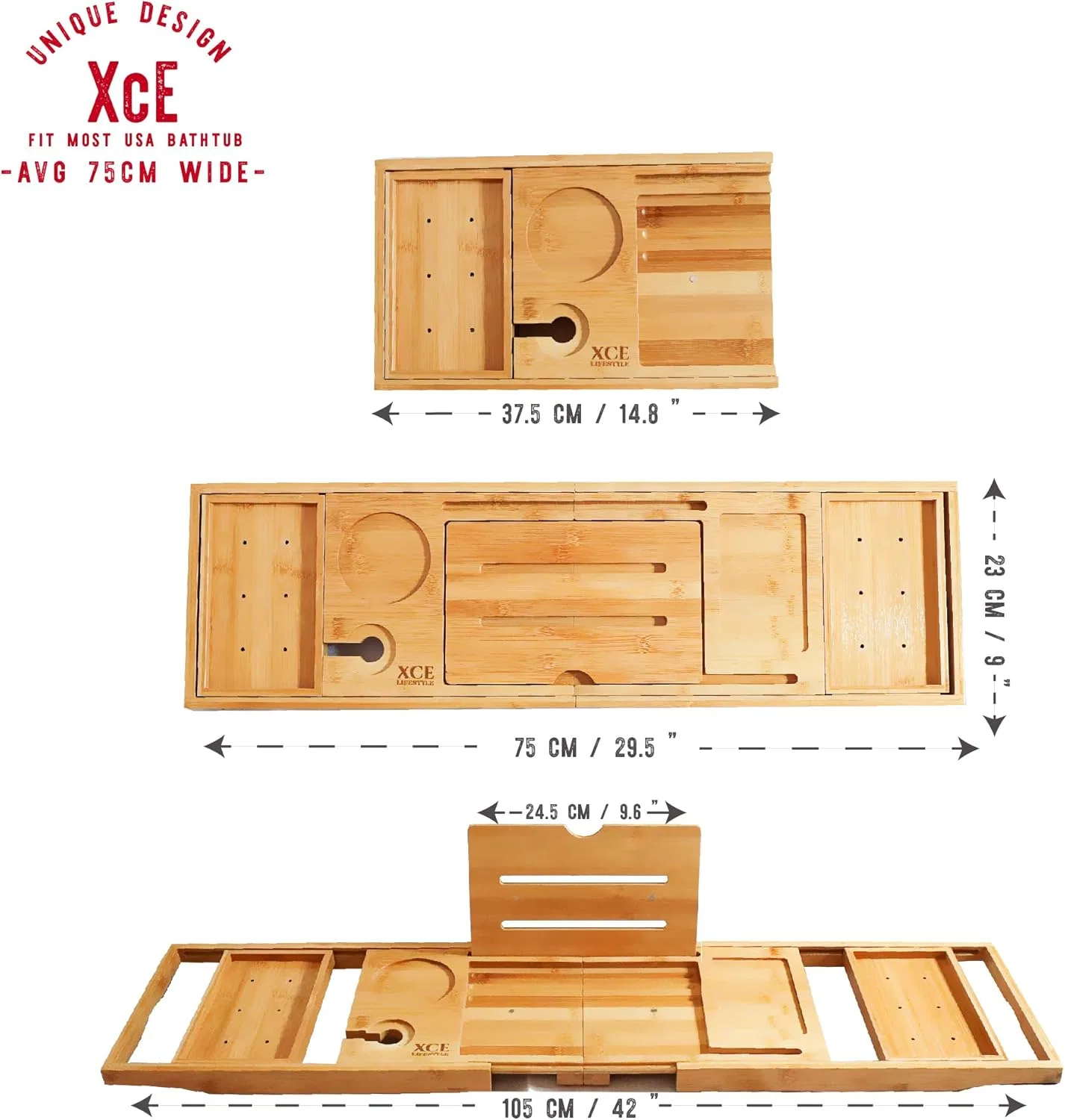 Складной бамбуковый органайзер XcE для ванны, раздвижной до 104 см Xce, 2-Natural — фото 3