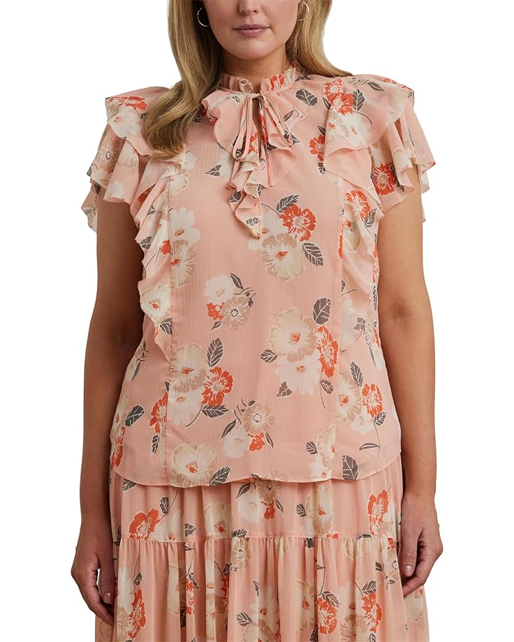 

Блуза Lauren Ralph Lauren Plus Size Floral Ruffle-Trim Georgette Blouse, цвет Pink/Multi