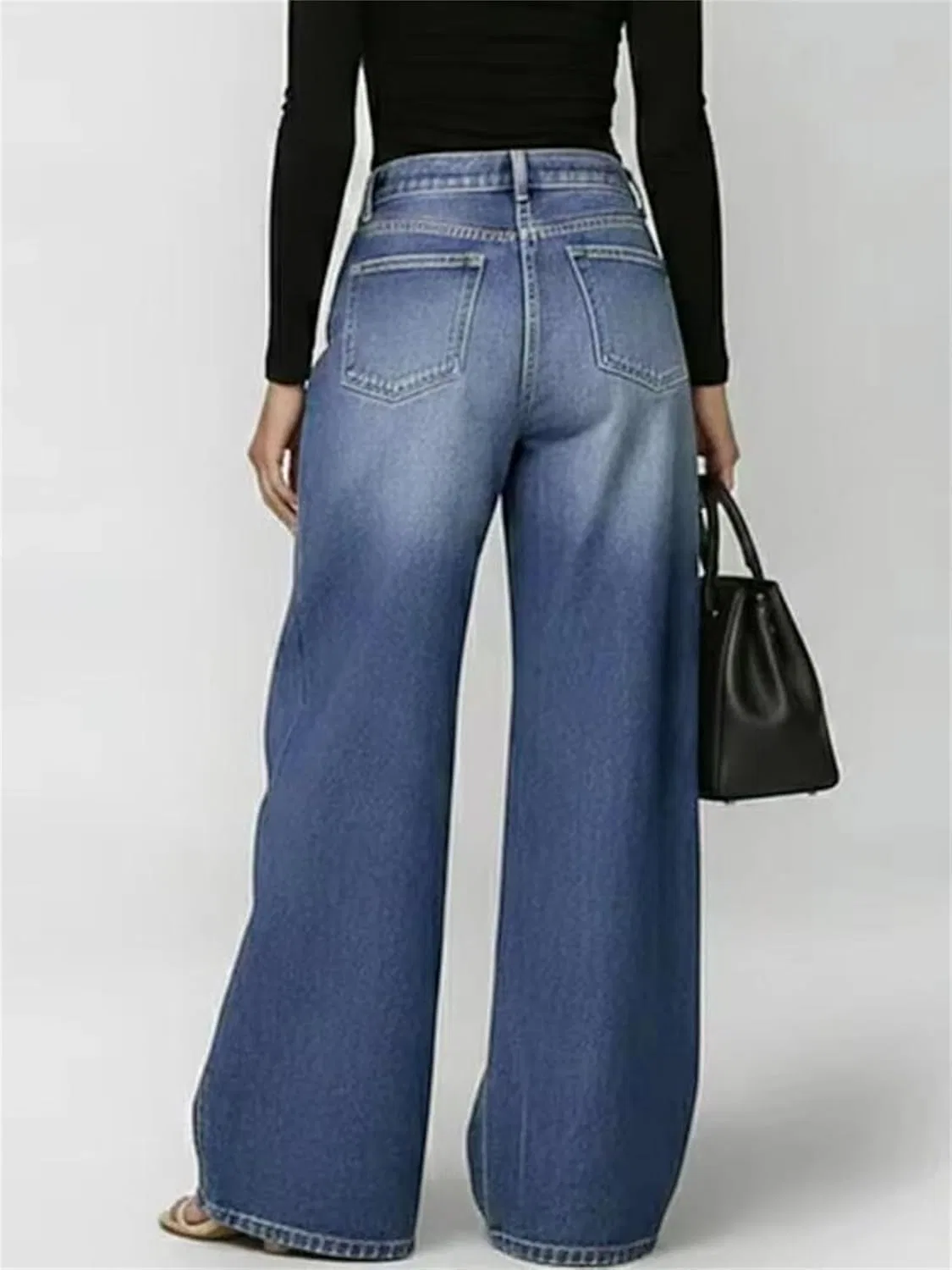 Джинсы с люверсами, High Waisted Wide Leg, Blue — фото 3