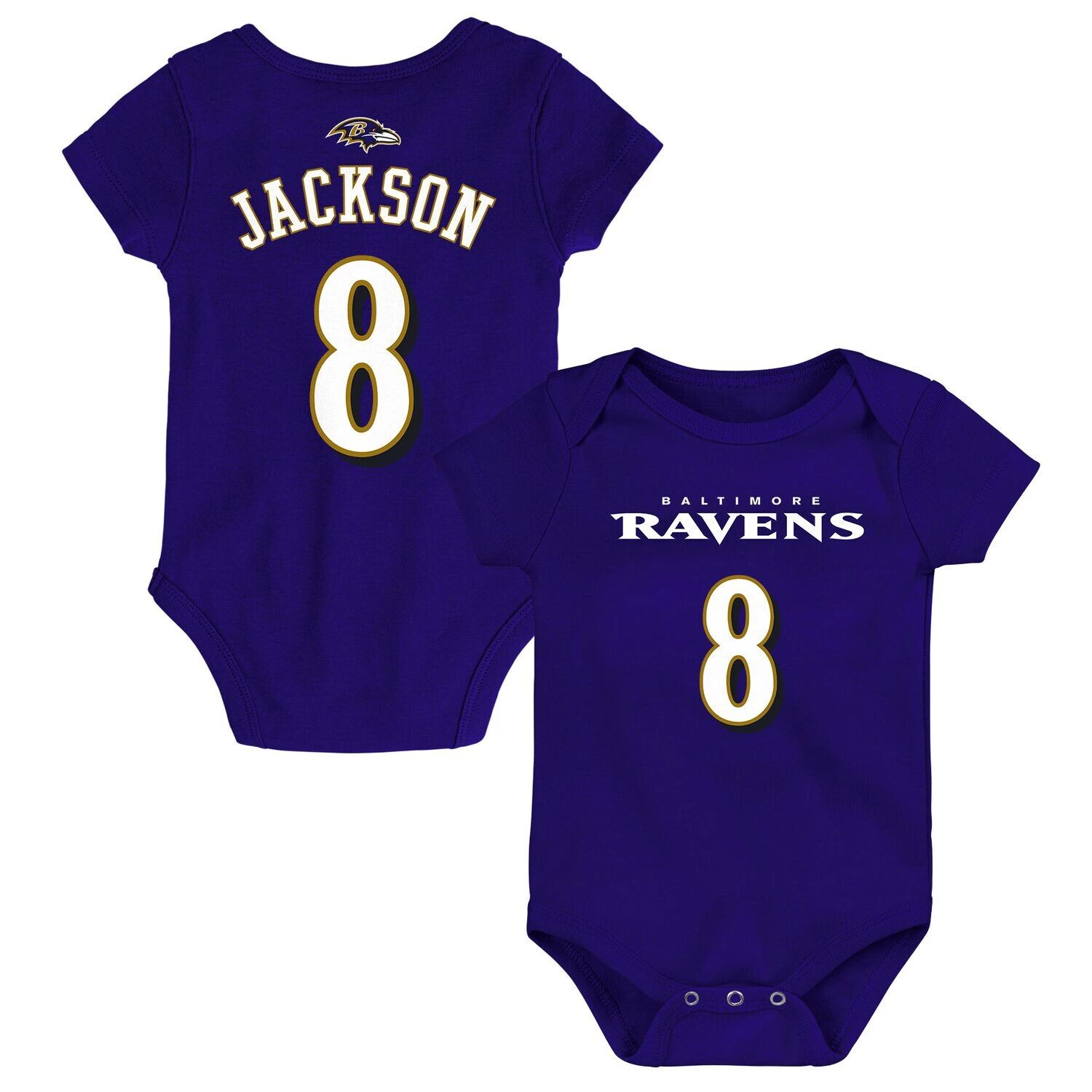 

Боди для младенцев Lamar Jackson Purple Baltimore Ravens Mainliner с именем и номером Outerstuff