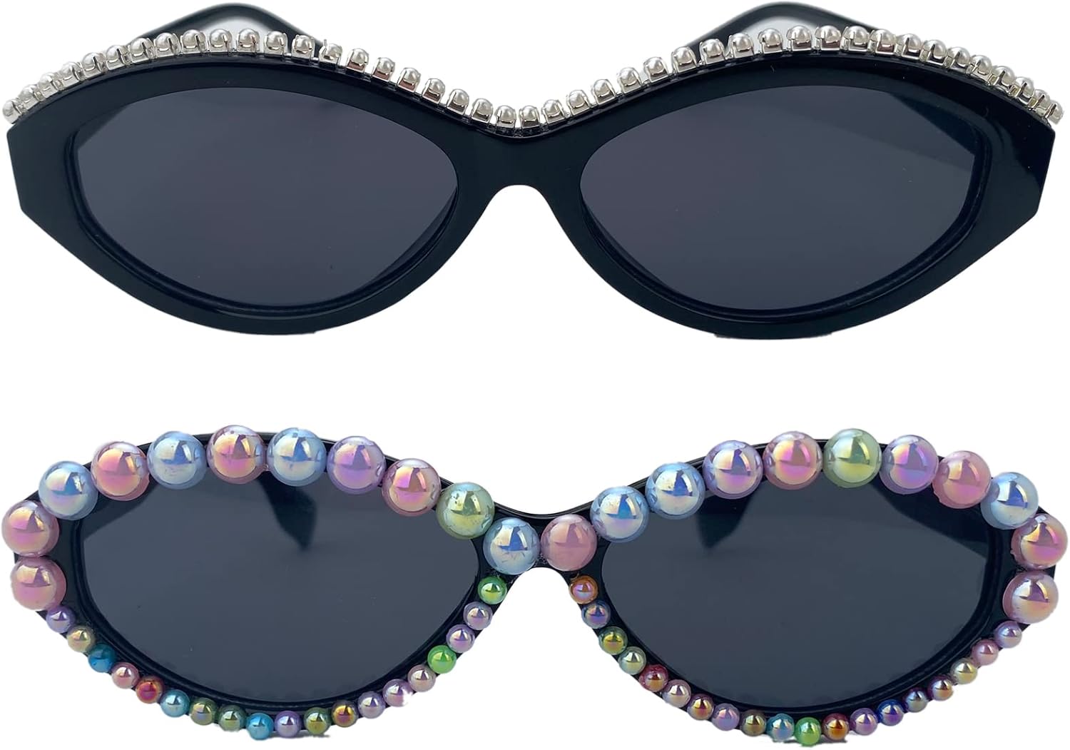 

Винтажные разноцветные жемчужные солнцезащитные очки «кошачий глаз» для женщин, маленькие овальные, с блестками, милые очки для вечеринки в стиле Y2K, защита от ультрафиолета UV400 mincl, 2pcs-colorful Black&white Black