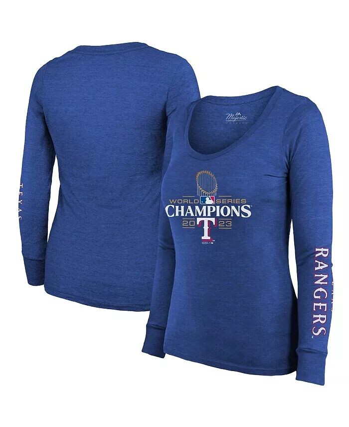 

Женская футболка Threads Royal Texas Rangers 2023 World Series Champions Tri-Blend с длинным рукавом и круглым вырезом Majestic