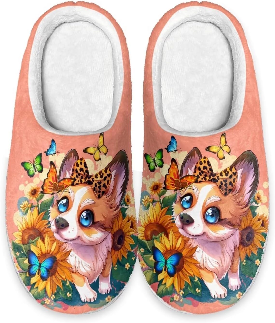 

Тапочки Forchrinse с подсолнухом и корги для женщин и мужчин, пушистые и уютные, для дома и улицы, теплые плюшевые тапочки с зимней подкладкой из памяти формы, Sunflower Corgi