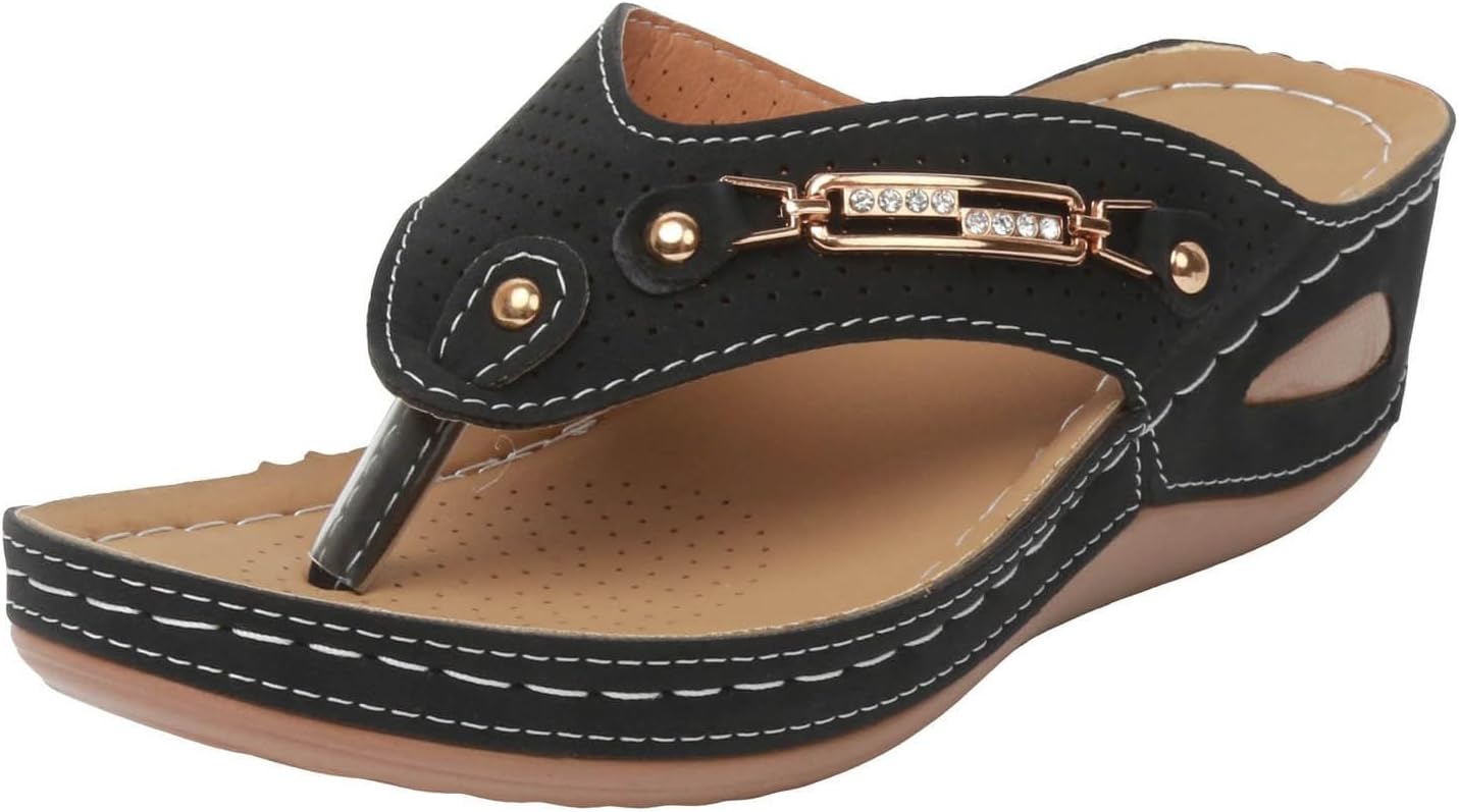 

Ортопедические женские сандалии модные на танкетке, слипоны, шлепанцы с эластичным ремешком на щиколотке, плоские сандалии, повседневные летние удобные с поддержкой свода стопы для плантарного фасцита Kajxz, черный