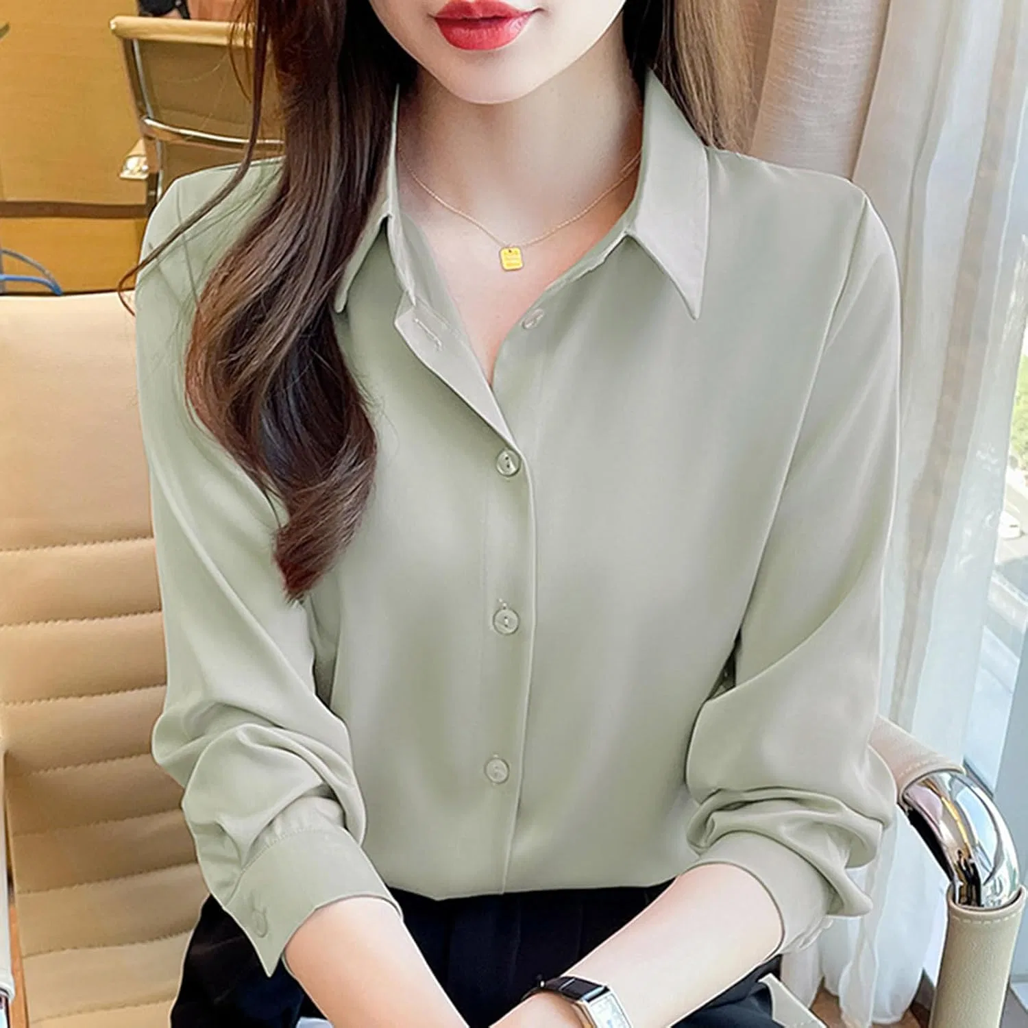 Блуза, длинный рукав, однотонная, женская, зеленая — фото 4