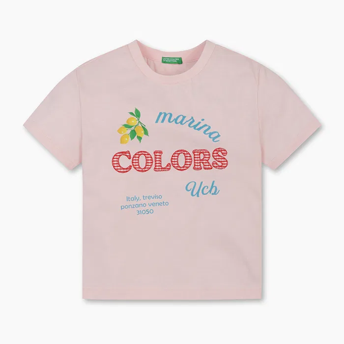 Детская футболка с аппликацией в клетку розового цвета от Benetton Kids