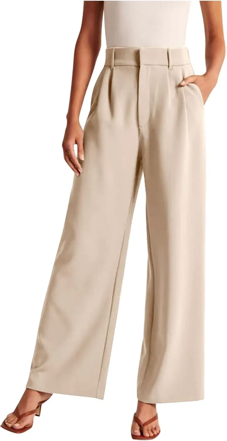 Женские брюки Casual High Waist, модные широкие брюки-клеш, эластичные рабочие брюки с карманами Generic, бежевый
