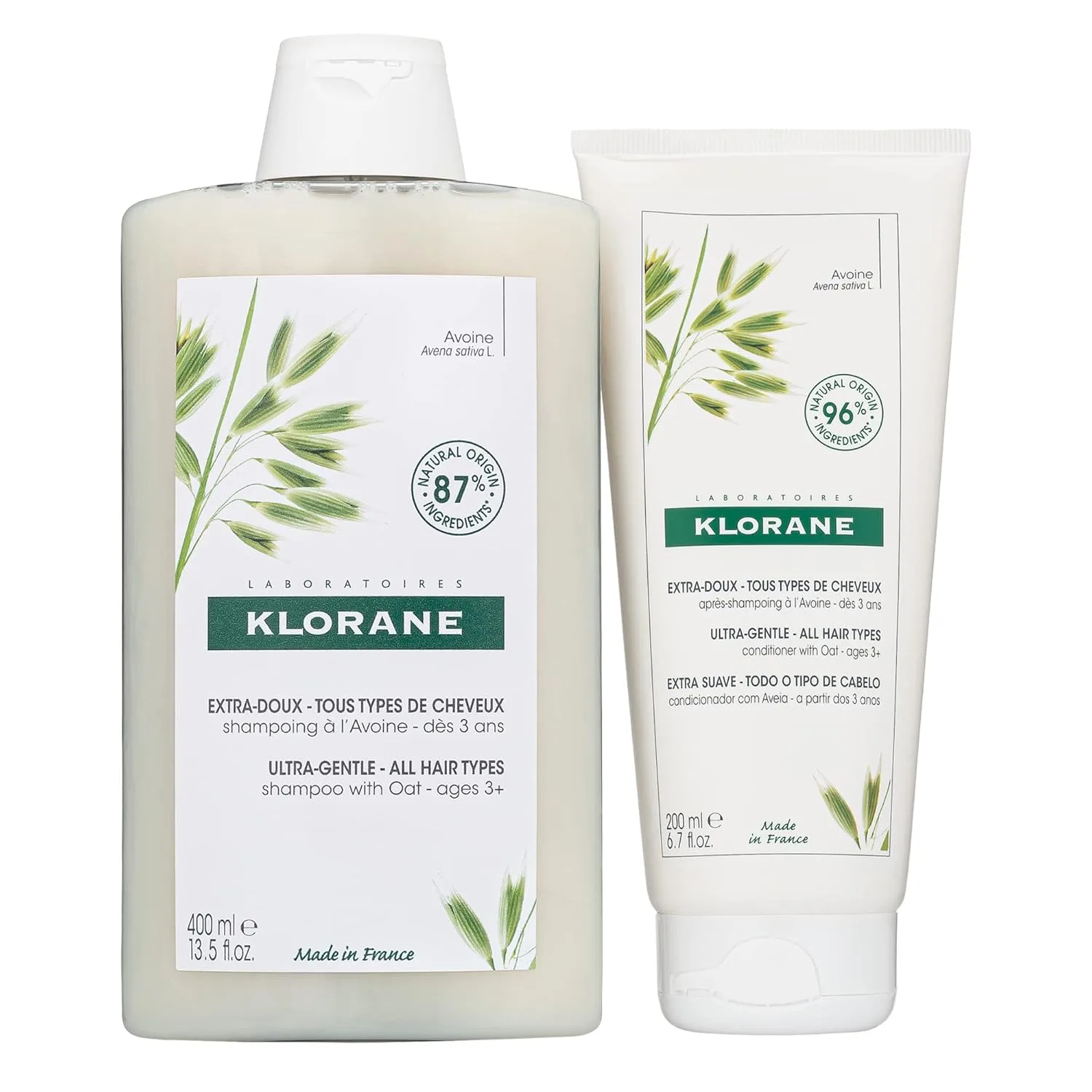 Шампунь Klorane Ultra-Gentle с овсяным молоком, без сульфатов, гипоаллергенный, веганский, для всей семьи, 400 мл набор из 2 штук