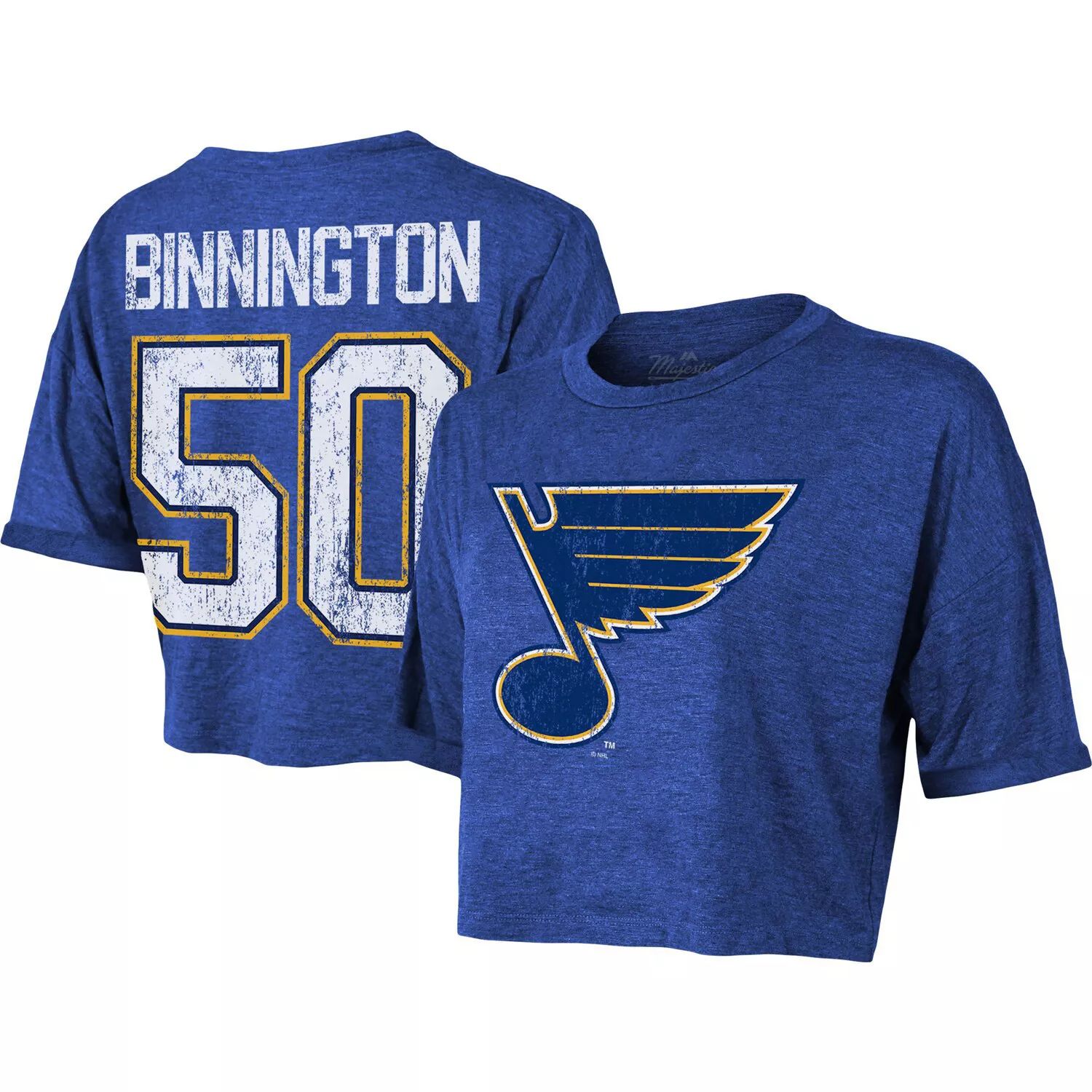 

Женская укороченная футболка Majestic Threads Jordan Binnington Blue St. Louis Blues с именем и номером Majestic