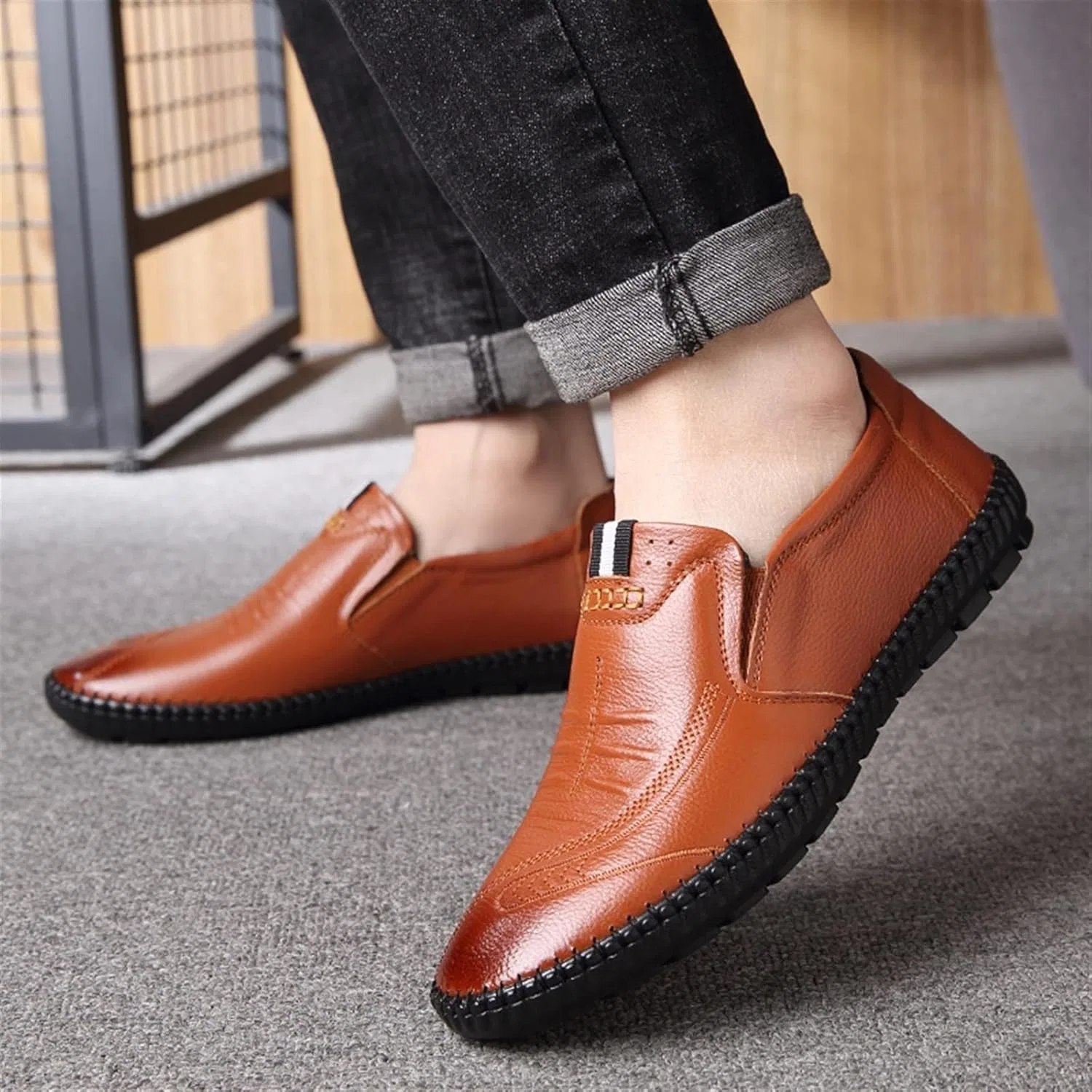Мужские лоферы с прострочкой Leather Anti-Slip Flat Heel Comfortable Fashion Wedding Slip On, коричневый PUGHGAETZF — фото 3