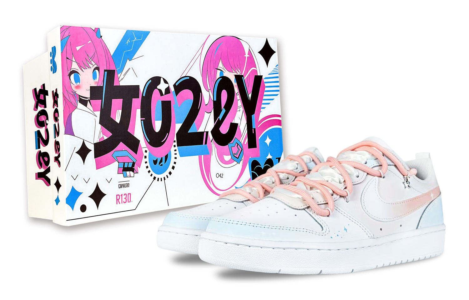 

Nike Court Borough Sea Salt Bubbles, противоскользящие устойчивые к истиранию низкие скейтерские кроссовки Blue Pink