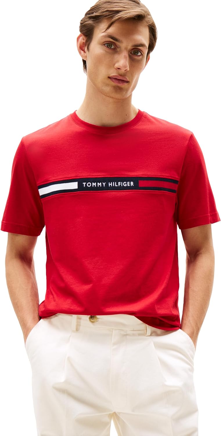 

Мужские хлопковые футболки Tommy Hilfiger с коротким рукавом и фирменным логотипом в полоску, также доступны в размерах для больших и высоких женщин., Medium Red