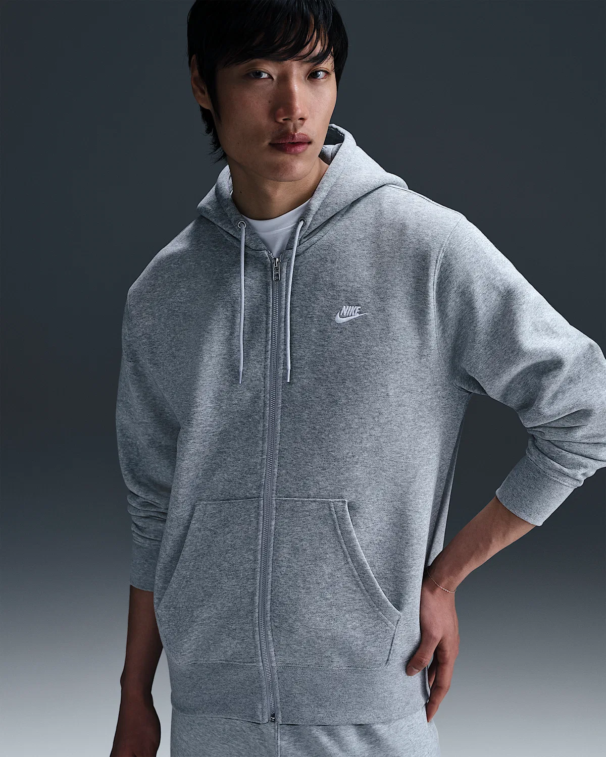 Мужская флисовая кофта на молнии Nike Club, Dark Grey Heather/Light Smoke Grey/White