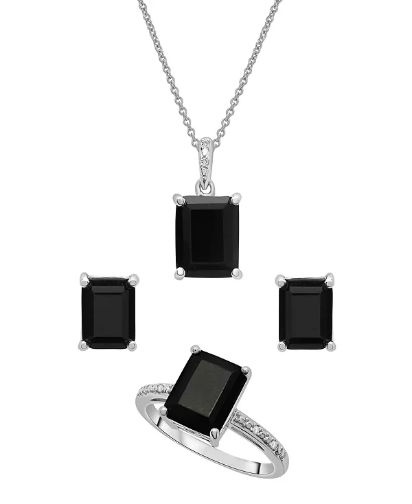 

Комплект из трех предметов: ожерелье с подвеской из оникса и бриллиантов, кольцо и серьги-гвоздики из стерлингового серебра. Macy'S, onyx