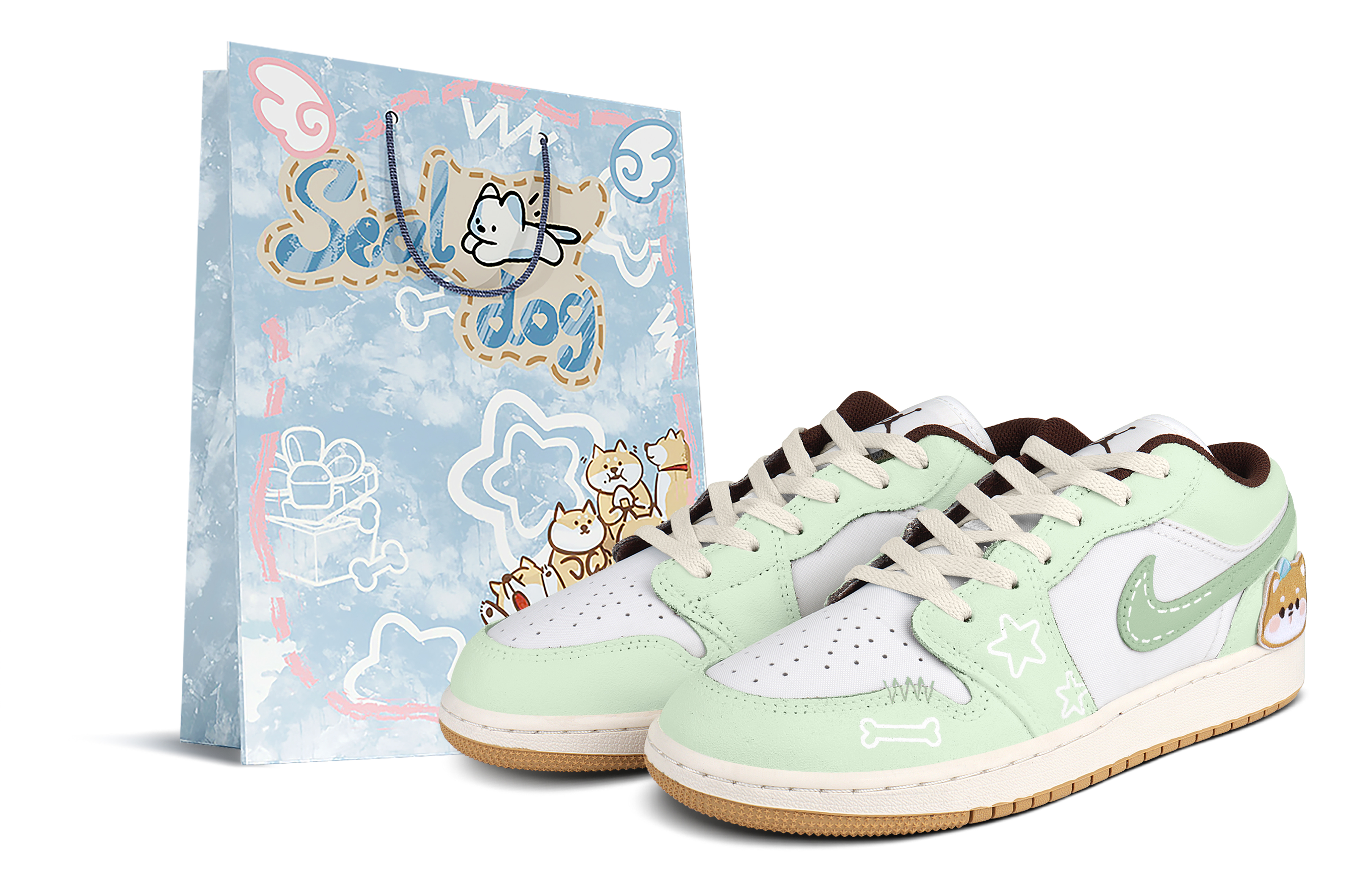 

Jordan Баскетбольные кроссовки Air 1 Shiba Inu Low Top для детей, зеленые, белые, подростковые