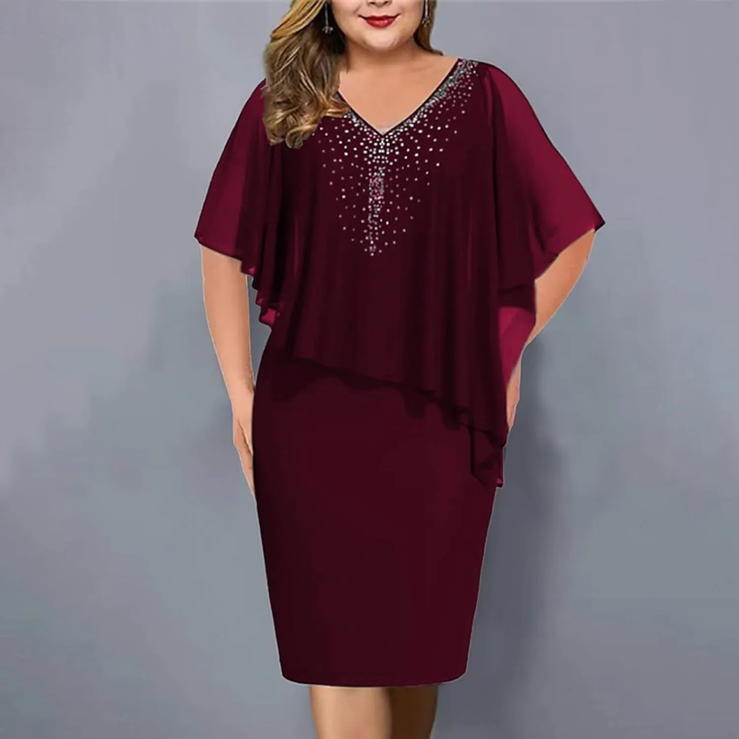 Платье для гостей на свадьбу Plus Size, полуформальное, шифоновое, с пайетками, приталенное, карандаш Generic, Wine — фото 2