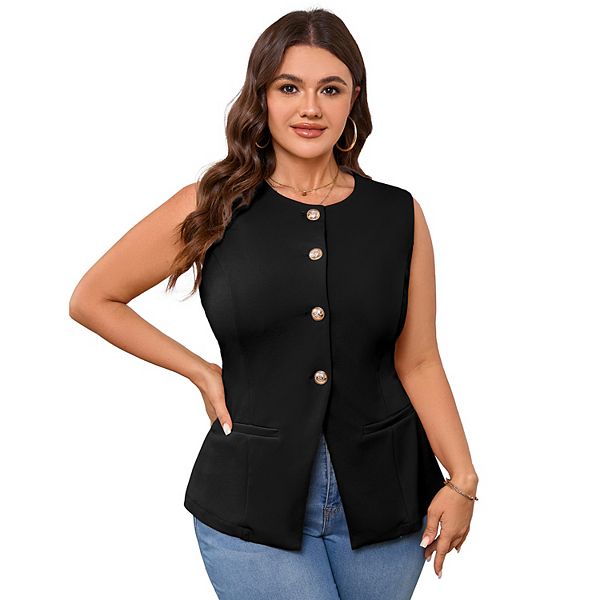 

Женский нарядный безрукавный пиджак с пуговицами и круглым вырезом Seoria, Black