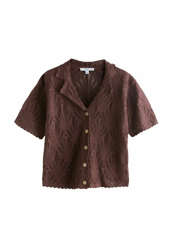 Блузка с короткими рукавами, открытым воротником и пуговицами. Next, Chocolate Brown Shell Pattern