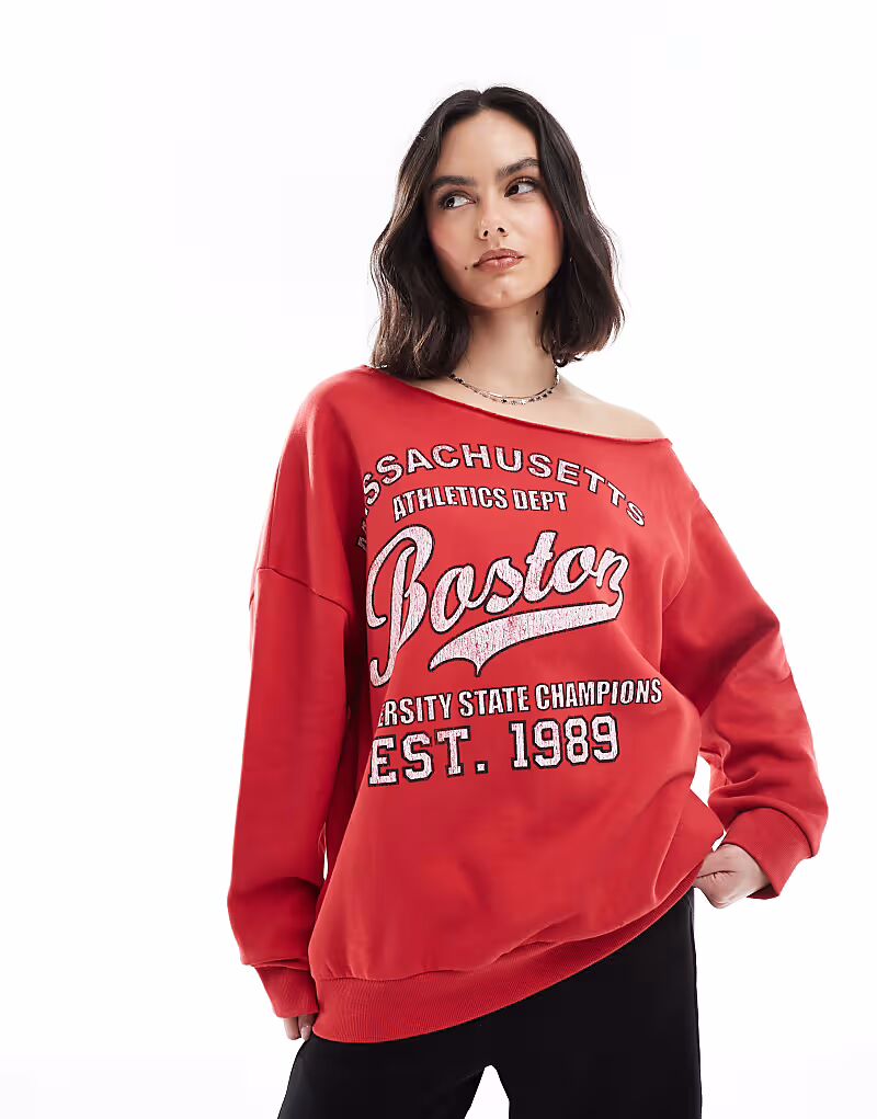 

Толстовка ASOS DESIGN с открытыми плечами и принтом Boston красного цвета