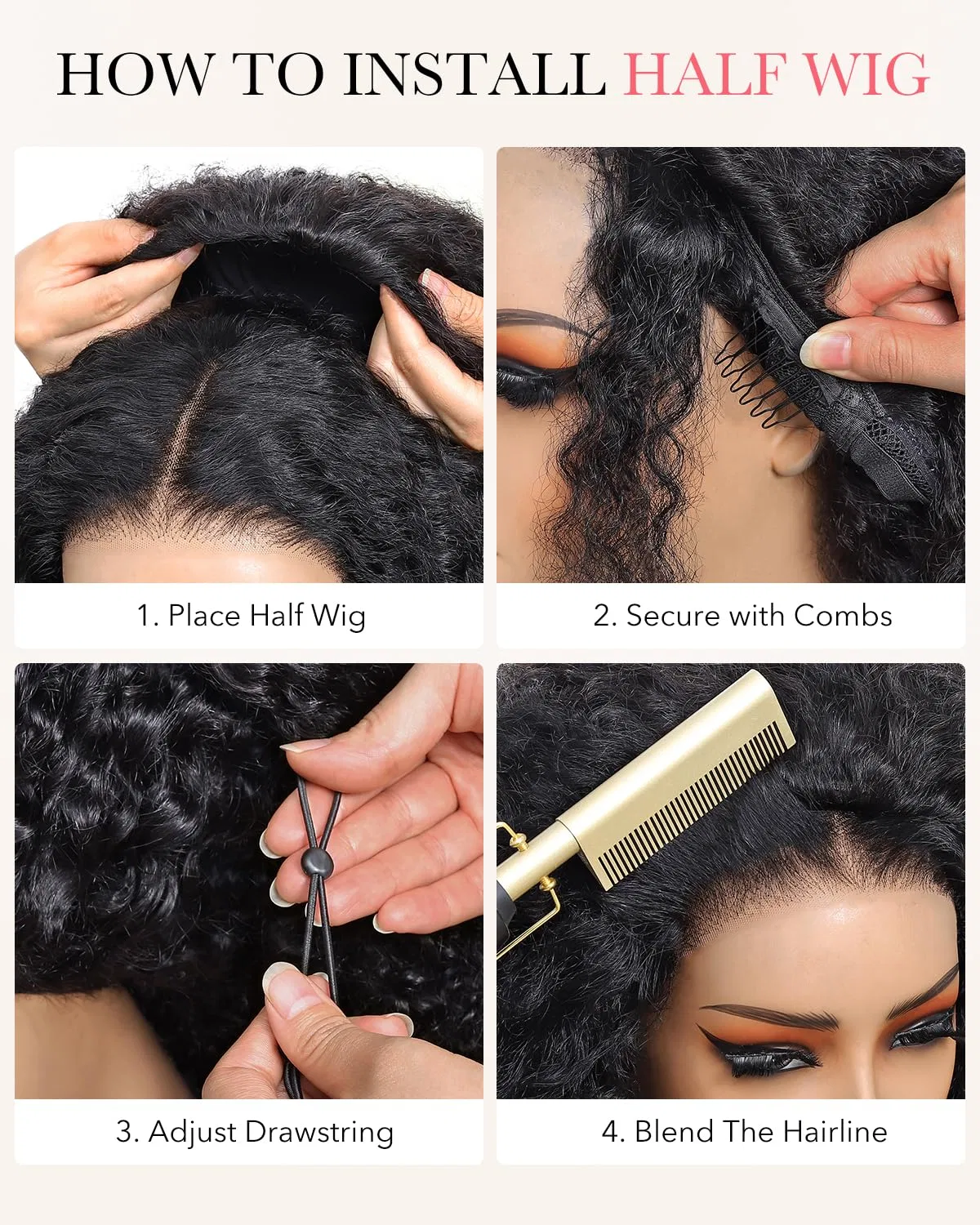 Женский кудрявый парик-полупарик Tunfine с эффектом водной волны Tunfine, Non-Lace Half Wig Black Colour — фото 3
