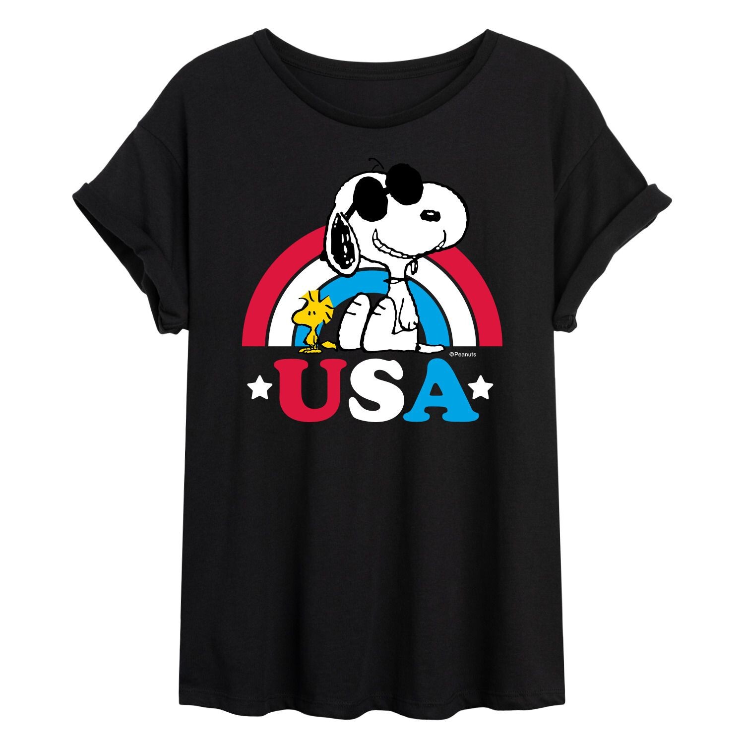 

Радужная струящаяся футболка Juniors' Peanuts USA Licensed Character, черный
