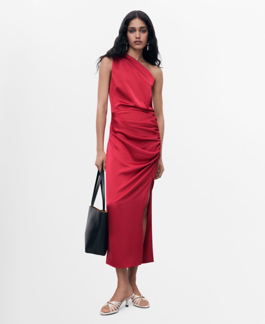 

Женское асимметричное атласное платье с боковыми разрезами MANGO, Wine